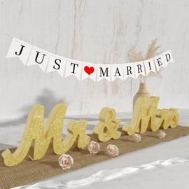 VIOPVERY Mr and Mrs Sign & Just Married Banner,Mr & Mrs Signs for Wedding Table,Large Wooden Letters for Sweetheart Table,Photo Props Wedding decorations for Anniversary,Gold