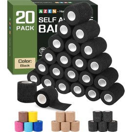 AZEN Paquete de 20 vendajes autoadhesivos color negro, cinta atlética negra, envoltura veterinaria, cinta de agarre de tatuaje, cinta de tobillo, vend