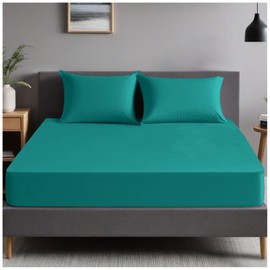 Plain Dyed Bedding Fitted Bedsheets, Soft & Comfy Double Bed Sheet, Breathable Non Iron Percale Sheets, Deep Teal