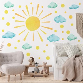 Sun and Clouds Wall Decals Polka Dots Decal Watercolor Boho Sun Wall Decals Peel and Stick, PVC Sunrise Wall Stickers Sunshine Wall Art Decor for Kids Room Playroom Nursery Bedroom