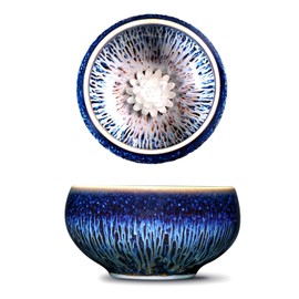 CmengAo Beautiful Jianzhan Tea Cup, Blue Starry Sky Glaze Tenmoku Tea Cup with 3d Silver Lotus, 3 Oz Small Tea Bowl for Kungfu Tea, Tea Ceremony, Master Cup