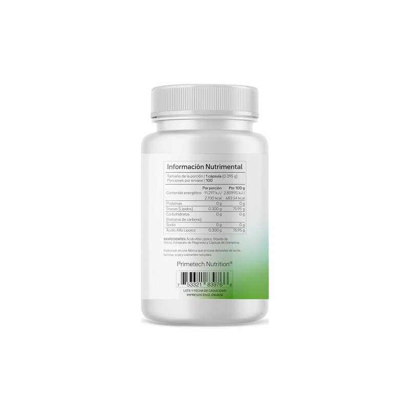 Primetech Nutrition Ácido Alfa Lipoico ALA 600 mg 100 Cápsulas