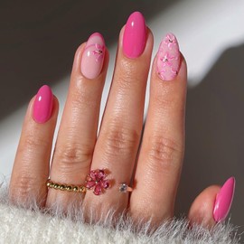 IMSOHOT Oval Press on Nails Pink Flower Short Fake Nails Glossy Acrylic Nail Supplies Cute Floral Round False Nails Spring Summer Glue on Nails for Women Girls 24Pcs Stick on Nails