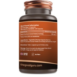Reishi Mushroom Extract Capsule - 1800mg | Longevity and Improve Sleep |120 Vegan Capsules | by Good Guru.
