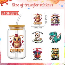 Rngmsi UV DTF Cup Wraps - 24 Sheets Funny Animal UV DTF Cup Wraps for 16 oz Glass, Humorous Quotes Chicken Cat Cow Owl Rub on Transfer Sticker, Uvdtf Decals for Water Bottle DIY Fun Crafts