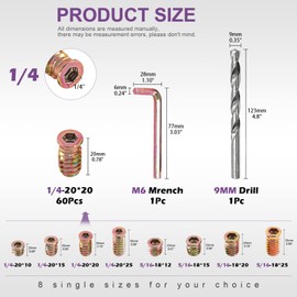 Swpeet 60Pcs 1/4" - 20 x 20mm Carbon Steel Color Zinc Plated Wood Inserts and 11mm Twist Drill with 1Pcs Wrench Assortment Kit, Bolt Furniture Screw in Nut Threaded Fastener Connector Hex Socket Drive