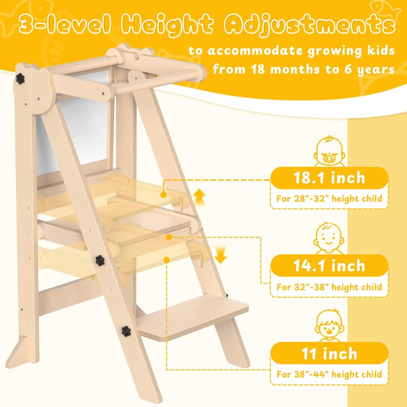 Foldable Toddler Tower, Wooden Toddler Kitchen Stool with 3 Adjustable