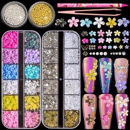 Viojrlly 4 Box Ironing Beads 3D Nail Art Decorations Flower Shape Nail Pendant Gold Silver Caviar Metal Beads Charm Rhinestone Decoration Accessories Pastel Acrylic Flower for Nail Art