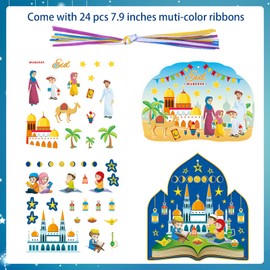 24 Pack Eid Mubarak Craft Kits Kids Mosque Scene Stickers Muslim Eid Ramadan Sticker Bulk Gift Hanging Ornament Decoration for Eid Al Fitr Party Class Activities, 2 Styles