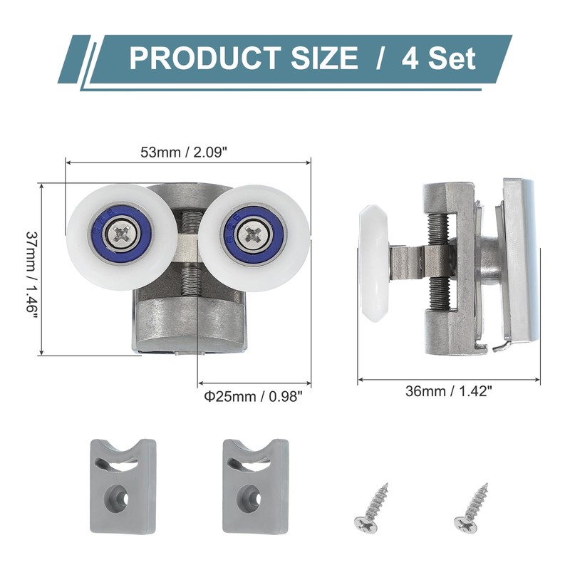 sourcing map 4 Pcs 25mm Double Shower Door Rollers 304