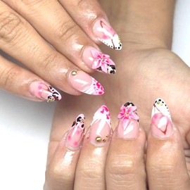 24pcs Pink French Tip Press on Nails Short Almond False Nails with 3D Flower Rhinestone Design Handmade Fake Nail Artificial Acrylic Nails French Press ons Spring Summer Nail for Women