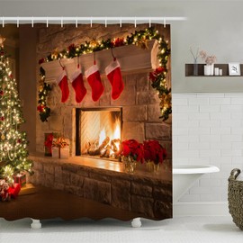 ubnlkto Christmas Shower Curtain, Christmas Socks Xmas Tree Gift Box Fireplace Bathroom Curtain Bathroom Decoration Bathroom Decor Curtain with 12 Hooks 72x72 Inches