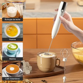 NICLY Agitador de Leche Eléctrico Recargable con 3 Velocidades Ajustables y 2 Cabezales de Batidores de Acero Inoxidable, Batidor Eléctrico de Mano, Agitador Mini de Cocina para Huevo (4, Blanco)