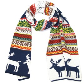 LOVARZI Christmas Scarfs For Men And Women - Navy Blue Reindeer And Snowflake Xmas Scarf - Knitted Warm Winter Long Ladies Christmas Scarves Festive Themed Gifts Present on Christmas