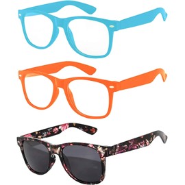 3 Pack Kids Sunglasses Clear Lens Blue Orange Flower Smoke Lens