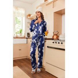 Ekouaer Women's Classic Button Down Long Satin Silk Pajama Set,Medium,Navy Floral