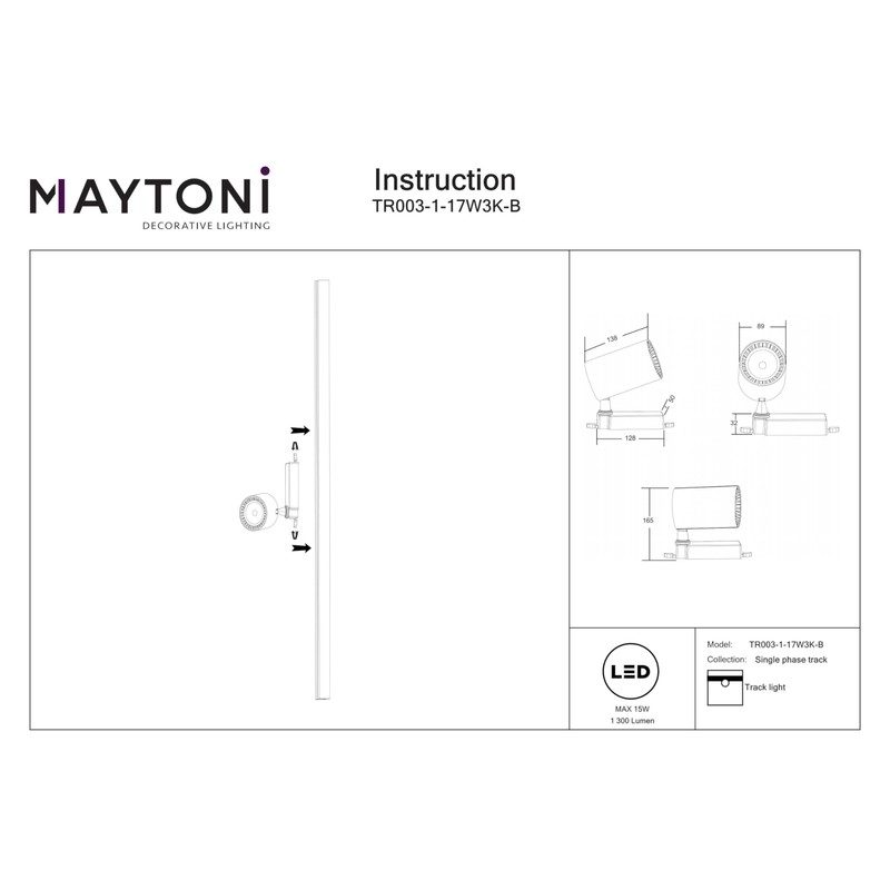 Maytoni Vuoro LED Spotlight for Rail Systems, 1-Phase Track Lighting,