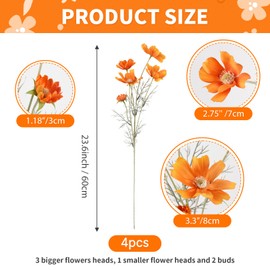 Hanycon 4PCS Artificial Wild Flower Fake Cosmos with Long stem Faux Silk Flowers for Wedding Bridal Bouquet Wreath Table Centerpiece Outdoor Decor (Orange)