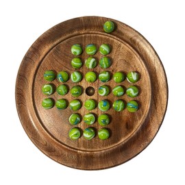 Solitaire Wooden Board Game with Green Goblin Glass Marbles 22cm Diameter