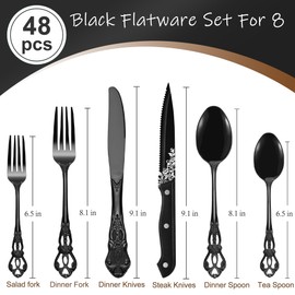 Runfly Retro Royal Black 48 Pieces Flatware Set, Gorgeous Black Silverware Set For 8, Anti-rust Stainless Steel dark Cutlery Set Utensils Including Fork Spoon and Knife