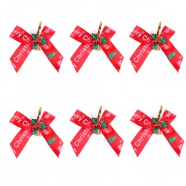 6PCS Christmas Bow with Pine Leaves, Large Red Velvet Bow for Christmas Tree Decoration, Merry Christmas Words Wreath Bow Tree Topper Bow for Xmas Winter New Year Party Decor