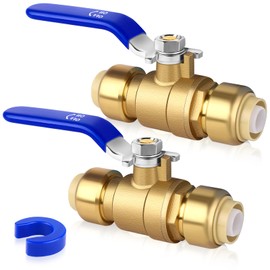 Push Fit Ball Valve, 2pcs 3/4 Inch x 3/4 Inch Push-to-Connect Water Shut Off Valve with 1 Disconnect Clip, Brass Plumbing Water Valve, Pex Push Ball Valve, Used for PEX or PVC Tubing or Copper Pipes