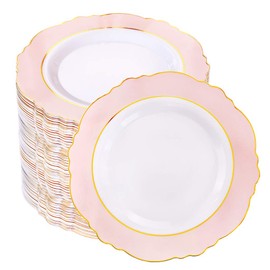 WDF 60pcs Pink Dessert Plates - 7.5inch Baroque Pink &Gold Disposable Dessert/Salad Plates for Upscale Parties &Wedding-Special for Wedding, Party, Mother’s Day