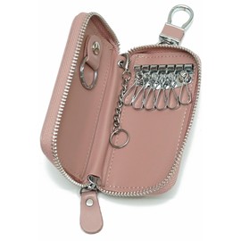 NM.element Smart Key Case, Multi-functional, Card Slot, Genuine Leather, 6 Tiers Zipper, Includes Cosmetic Box, multicolor (pink / beige)