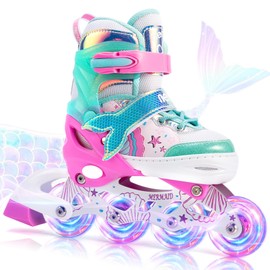 NEMONE Mermaid Inline Skates, 4 Sizes Adjustable Skates for Girls, Kids Skates with Light up Wheels, Indoor Beginner Outdoor