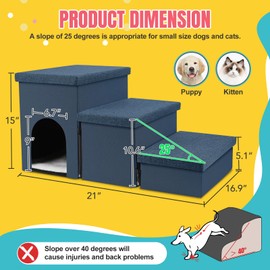 HOMELYSIAN Dog Stairs for High Beds, Folding Pet Steps for Small Dogs and Cats with Storage and Condo, 3 Steps Non-Slip Dog Steps for Couch and Bed up to 22 inches Navy