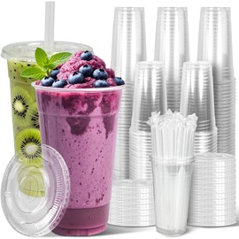 Charmount 32 oz 50 Sets Clear Plastic Cups with Lids and Straws, Sturdy & Food Safe Disposable To Go Cups for Cold Drinks, Iced Coffee, Milkshakes, Smoothies