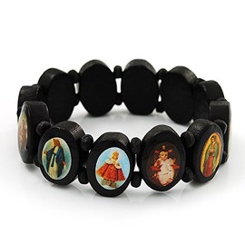 Black Oval Wooden Jesus Flex Bracelet - Up to 20cm Length