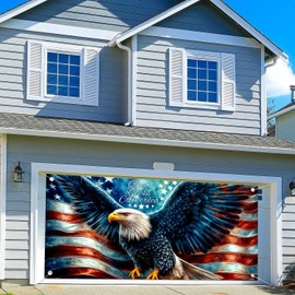 4th of July Patriotic Garage Door Decoration Background God Bless American USA Flag Veterans Day Independence Eagle Stars Stripes Flag Memorial Day Party Decor Banner Garage Door Cover 16X7FT