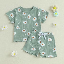 Toddler Baby Girls Summer Outfits Cute Daisy Ruffle Ribbed Short Sleeve T-Shirts Tops Floral Shorts 2Pcs Sets (Green, 2-3T)