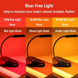 Lxsino Bernsteinfarbene und rote Buchlichter zum Lesen im Bett C Bernstein (1600 K)/Rot (625 nm) C 8 LEDs, mehr als 30 Stunden langlebig, USB-C-Aufladung, wiederaufladbare flexible Clip-on-Leseleuchte