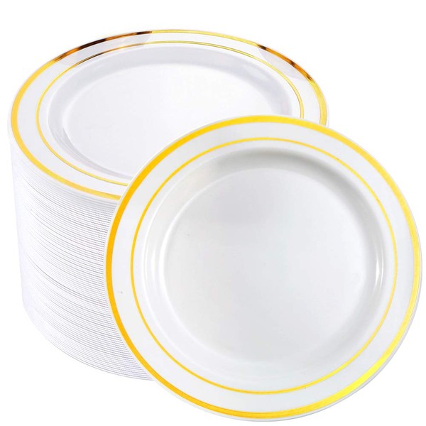 bUCLA 100Pieces Gold Rim Plastic Plates-7.5inch Gold Disposable Salad/Dessert Plates-Ideal for Weddings, Parties
