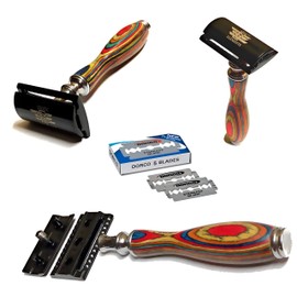 Rainbow Wooden Texture and Stainless Steel Classic Safety Razor With Free Blades - Holds Straight Edge/Double Edge Blades