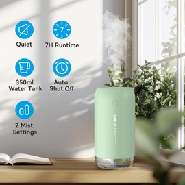 KQLKJ Portable Mini Humidifier, 350ml Small Cool Mist Humidifier for Plants, USB Personal Desktop Humidifier for Bedroom Car Office Travel with Auto Shut-Off & 2 Mist Modes (Green)