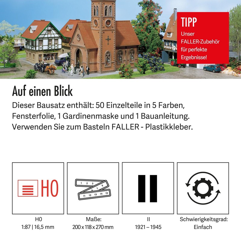 FALLER Kleinstadt-Kirche Modellbausatz mit 50 Einzelteilen 200 x 118 x