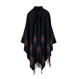 Bakerdani - Poncho con capucha y mantones de pashmina con borlas, Negro -, One size:130*150cm
