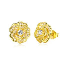 BELLNA Gold Plated Dainty Flower Earrings Pearl Stud Earrings for Women Sterling Silver Post Hypoallergenic Earrings for Women Mom Her