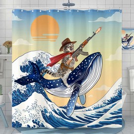 Accnicc Funny Cat Shower Curtain Cute Fun Nautical Cool Kids Shower Curtains for Bathroom Cat Riding Whale in Ocean Wave Waterproof Fabric Bath Curtain Decor 72x72 inch
