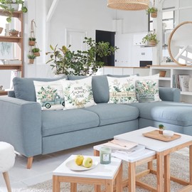 Bonhause Set of 4 Cushion Covers, Eucalyptus Leaves, 45 x 45 cm, Blue, Lorry, Home, Sweet Home, Velvet, Soft, Decorative Cushion Covers for Home, Garden Decoration