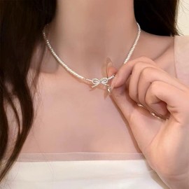 Crystal Bow Pendant Necklace Vintage Beads Necklace Rhinestone Bow Necklace Chain Silver Bow Tie Necklace Vintage Beads Necklace Jewellery for Women Gifts, Zinc Metal, Artificial Gemstones