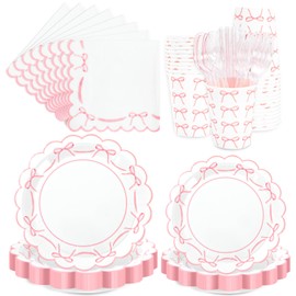 JarThenaAMCS 175Pcs Pink Bow Party Supplies Kit Scalloped Bowknot Tableware Set Disposable Dinnerware Paper Napkin Plate Cup Spoon Fork Knife for 25 Guests Party Favor