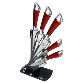 Evelyne GMT-10031 Stainless Steel Kitchen Knife Set with Red Handle Hilt, 5 Knives and 1 Pivotable Swivel Holding Block with See-Thru Side