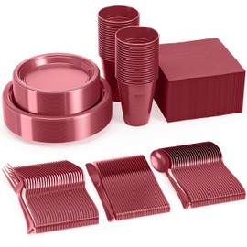 182 Pcs Plastic Dinnerware Set Includes 26 Of Each 9" Burgundy Plastic Dinner Plates | 7" Plastic Dessert Plates | 12 oz Plastic Cups | Burgundy Napkins | Plastic Spoons, Forks & Knives Exquisite