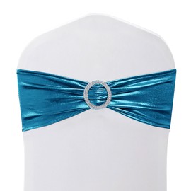Trimming Shop Shiny Turquoise Spandex Chair Band with Slider Buckle, Stretchy Fabric Chair Band Sash, Elastic Wedding Chair Cover Band, Chair Decoration Party, Reception, Banquet, 100pcs