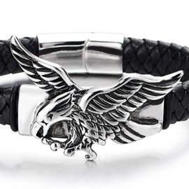 COOLSTEELANDBEYOND Rock Punk Steel Flying Eagle ID Identify Bangle Bracelet Black Braided Leather Wristband for Men(CA)