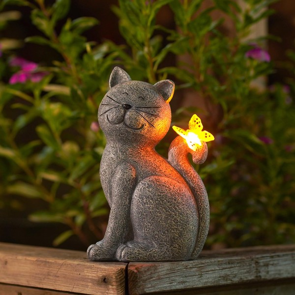 Cats Statue with Solar Butterfly Garden Ornaments Outdoor - Funny Cat Gifts for Women Mum Birthday Gift Garden Balcony Decor Living Room Waterproof Grey 20.3CM